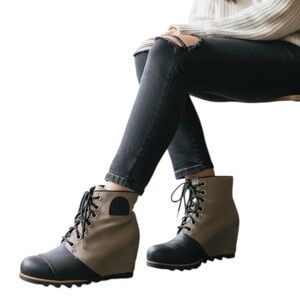 SOREL PDX Black Waterproof Leather & Tan Textile Hidden Wedge Winter Booties